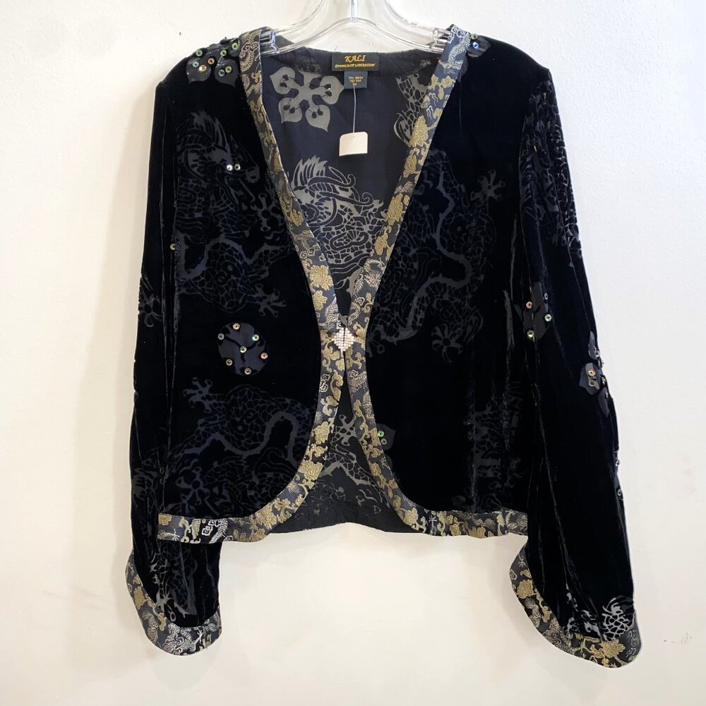 NWT - KALI Black Velvet with Sequin Dragon and Flower Patterned Jacket